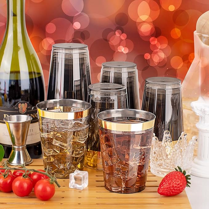 supernal 100pcs Gold and Black Plastic Cups 10oz Gold Rimmed Elegant Black Party Cups Heavy Duty Fancy Wedding Drinking Tumblers Plastic Cup for Party and Birthday