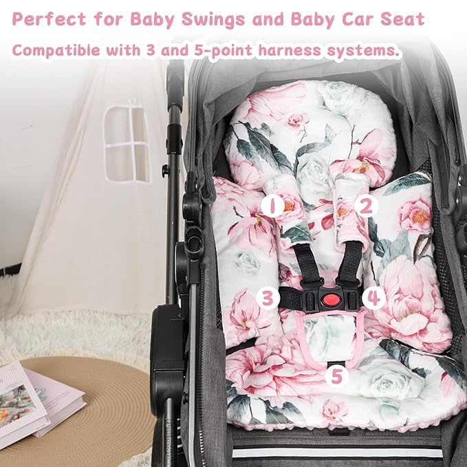 Pea Pod Infant Car Seat Insert with 3 Strap Covers, 3 in 1 Reversible Flower Baby Car Seat Head Support for Newborn, 3D Soft Minky Carseat Cushion for Preemie to Infant, Stroller, Swing, Bouncer