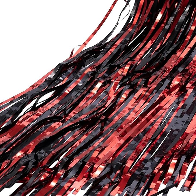 BRAVESHINE Tinsel Photo Backdrop Curtains - 2 Pack 3.2x8.2ft Black Red Foil Fringe Streamer Curtain for Halloweens, Lantern, Pumpkin, Home, Indoor or Outdoor Party Supplies Decorations