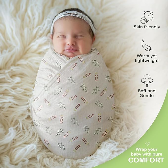 Organic Cotton Muslin Baby Blanket - 47x47 Inch Breathable Swaddle, Hypoallergenic Double-Layer, Versatile Use (Pink Floral, 47x47 Inch)