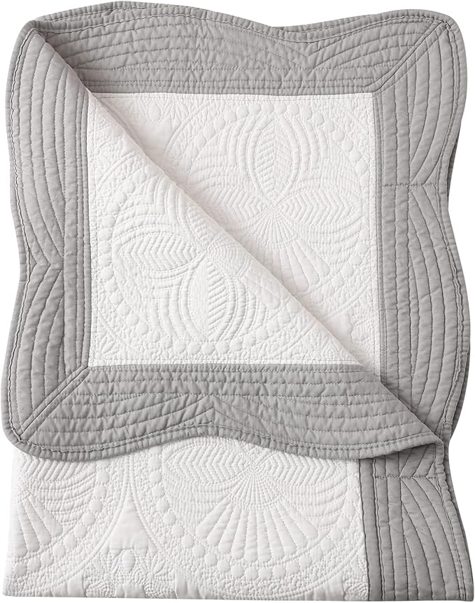 MONOBLANKS Baby Quilt Personlized Monogram Lightweight Embossed Scalloped Throw Blanket Four Seasons (White-Grey Trim)
