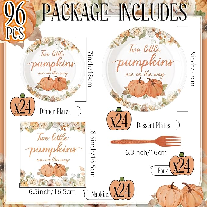 Zhehao 96 Pcs Twins Baby Shower Decoration Supplies Twins Cuties Baby Shower Tableware Set Eucalyptus Leaf Orange Strawberry Greenery Pumpkin Themed Plates Napkins Forks for 24 Guest (Pumpkin)