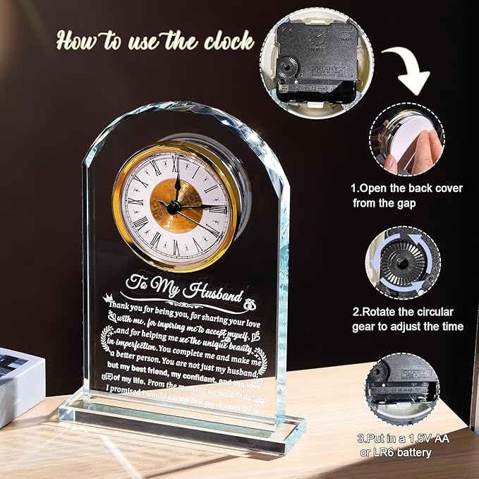 Glass Clock Gifts for Husband from Wife Personalized Gift for Husband Who Has Everything on Birthday Anniversary, Presents for Him on Christmas Home Desk Clock