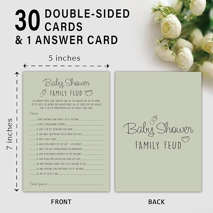 Baby Shower Family Feud Game - Pack of 30 Game Cards 1 Answer Key, Baby Shower Game for Boy & Girl, Gender Neutral Baby Shower Decorations, Baby Feud Game Supplies-01E-Atrovirens