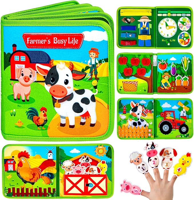 Quanquer Montessori Busy Books for Toddlers 1-3 – Farm Animal Sensory Busy Board for 1 Year Old Boys and Girls, Educational Travel Toy for Airplane Activities, Fine Motor Skill Birthday Gift