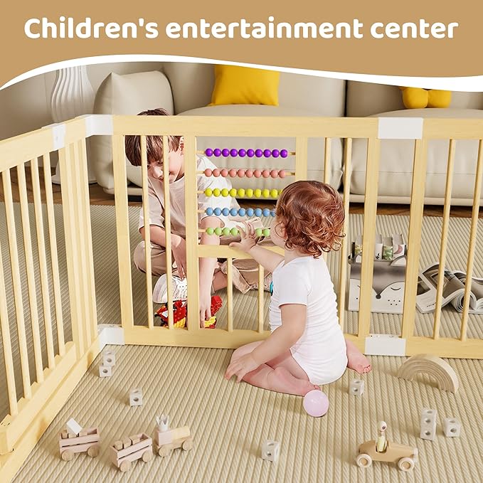 Baby Playpen with Gate, Wooden Playpen for Babies and Toddlers, Baby's Play Yard with Colorful Acrylic Beads, Baby Fence Play Area with Suction Cups, Extra Large Play Pen Area Indoor(79*71*24Inch)