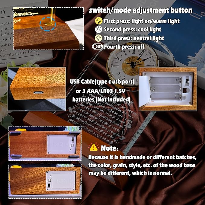 Glass Clock Gifts for Mom from Daughter Son with Wooden Light Base, Personalized Gift for Mom Who Has Everything on Birthday Mother's Day, Present for Mother on Christmas Home Desk Clock