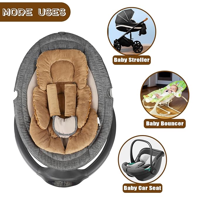 GFU Infant Car Seat Insert Head and Body Support, Reversible Newborn Insert for Carseat with Strap Pads, Soft Stroller Cushion Pillow Insert for Boys and Girls, Fits for Stroller, Swing, Brown