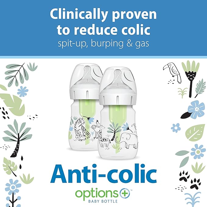 Dr. Brown’s Natural Flow Anti-Colic Options+ Wide-Neck Baby Bottle Designer Edition Bottles, Jungle Decos, 5 oz/150 mL, Level 1 Nipple, 2-Pack, 0m+