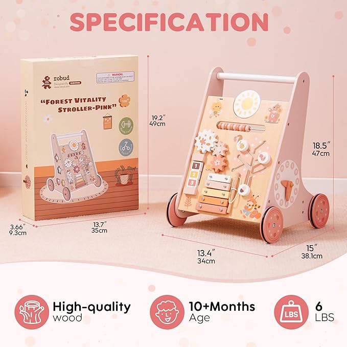 ROBUD Wooden Baby Walker, Baby Push Walker with Activity Center and Storage, Montessori Walker Toy for Boys and Girls Learning to Stand and Walk, Pink