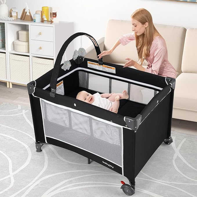 BABY JOY 3 in 1 Pack and Play, Travel Baby Crib Bassinet Bed with Bassinet, Changing Table with Safety Belt, Toy Bar, Lockable Wheels, Portable Baby Playard from Newborn to Toddler
