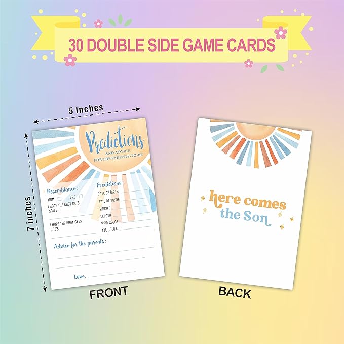Retro Sunshine Baby Shower Baby Predictions & Advice Game Set - Watercolor Sun Theme Baby Shower Game Kit, Gender Reveal, Baby Announcement Party Favor & Supplies - A01