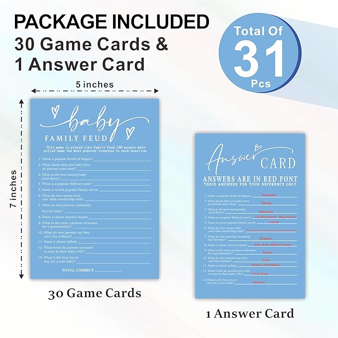 Family Feud Baby Shower Game - Minimalism Blue - 30 Double-Sided Fill In Style Game Cards With Answer Card, Gender Reveal, Baby Announcement, Party Games & Activity - C12