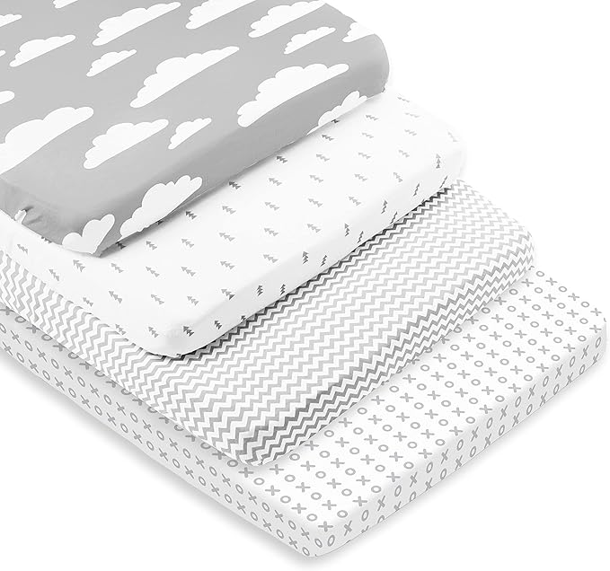 BaeBae Goods Premium Crib Sheets for Baby Boys and Girls, 4 Pack, Soft and Breathable Jersey Knit Fitted Sheet Set, Grey and White, Cute Gender Neutral Nursery Mattress Bedding, Universal Fit