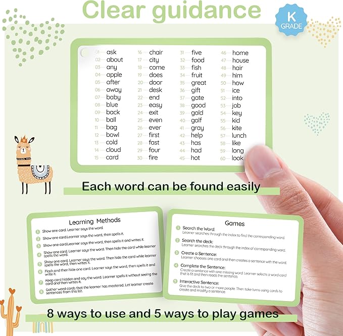 WJPC 58 Cards, 116PCS High Frequency Sight Words Flash Cards (Kindergarten), Phonics Learning Cards for Kids Ages 4,5,6 Years. Learn to Read, Write.