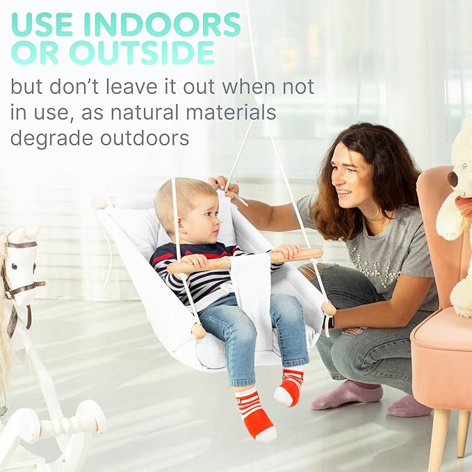 CaTeam Canvas Toddler Swing – Indoor/Outdoor Hanging Chair for Patio & Playroom with Safety Belt – Wooden Baby Seat for Ages 12+ Months – Ivory