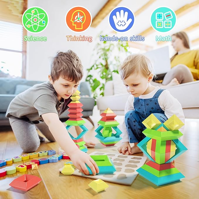 Montessori Toys for Ages 3 4 5 6 Toddlers Kids Baby,Pyramid Stacking Building Toys,3D Preschool Learning Blocks for Kids,STEM Sensory Toy Gifts for 2-4 Year Old Boy Girl,Plastic Storage Bag Set