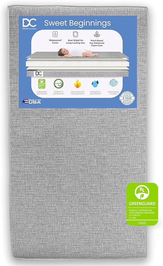 Delta Children Sloane 7-Piece Baby Nursery Furniture SetIncludes: Convertible Crib, Dresser, Changing Top, Crib Mattress, Fitted Sheets, Toddler Guardrail & Changing Pad, Acorn w/Matte Black