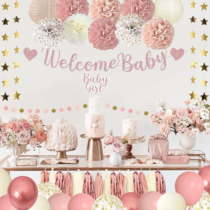 Amandir Dusty Pink Girl Baby Shower Decorations Welcome Baby Banner, Cake Topper, Paper Lanterns, Gold Balloons Pom Poms Flowers Tassels, Circle Dots Star Garland Gender Reveal Birthday Party Supplies