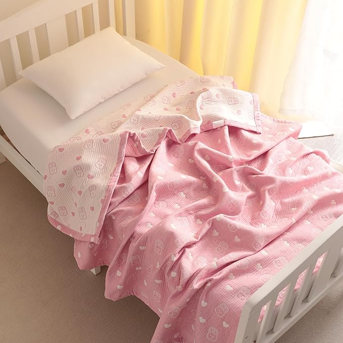 NTBAY 3 Layer Oversized Muslin Cotton Toddler Blanket, Jacquard Reversible Nursery Bed Blanket, Super Soft and Thermal for All Seasons, Baby Gift, 45"x60", Pink Rabbit