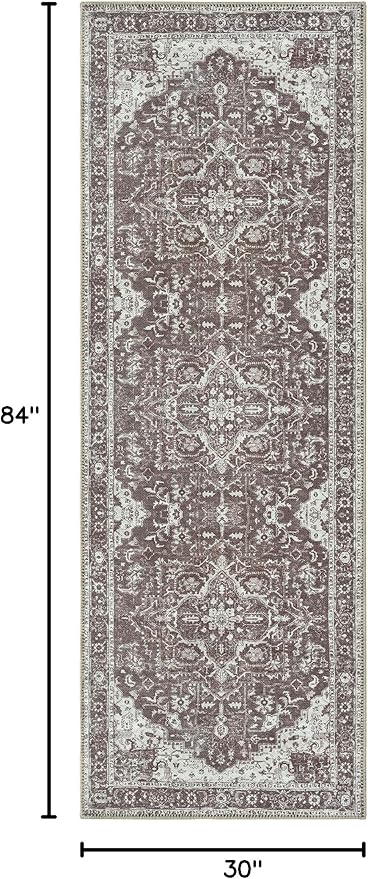 Bloom Rugs Washable Non-Slip 7 ft Runner - Dark Brown Traditional Medallion Runner for Entryway, Hallway, Bathroom, and Kitchen - Exact Size: 2.5' x 7'