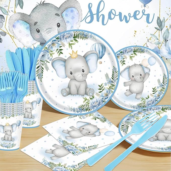 Elephant Baby Boy Shower Party Supplies - 350pcs Blue Elephant Party Decorations Paper Plates Napkins Cups and Utensils Tableware Sets Blue Floral Theme Birthday Party Tableware Set