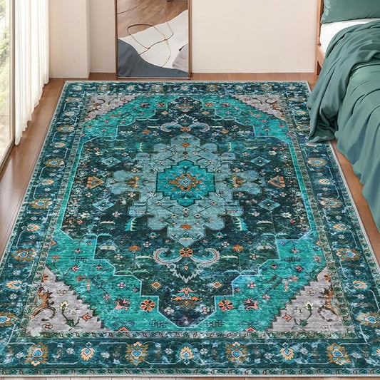 Ciicool Boho Machine Washable Area Rug, 4x6 Rugs for Living Room Non-Slip Bedroom Rug Vintage Rug Ultra-Thin Throw Distressed Large Low-Pile Carpet for Dining Room Office