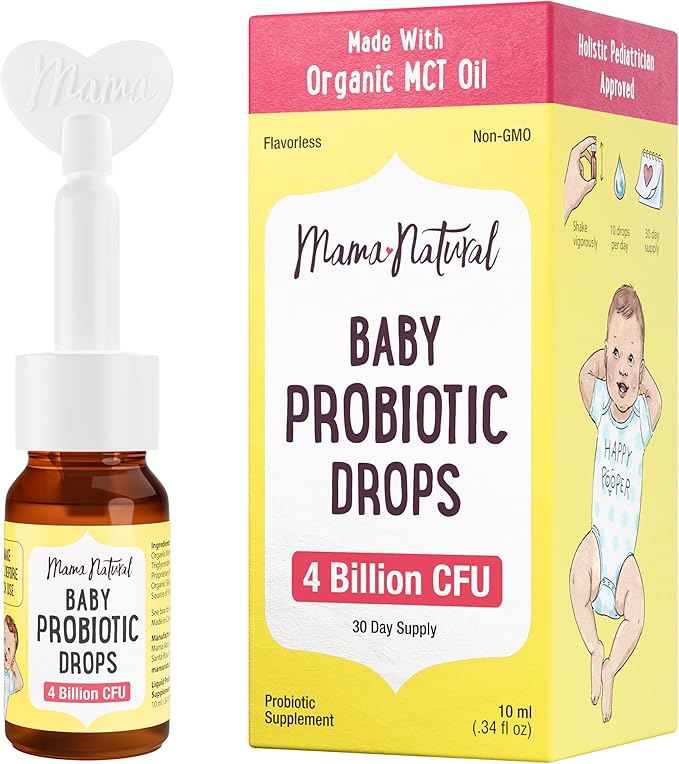 Mama Natural Baby Probiotic Drops | Pediatrician-Approved Infant Probiotic Colic Drops – Infant Gas, Constipation, Fussiness & Immune Support Supplement – 10 Strains & 4 Billion CFU with MCT Oil