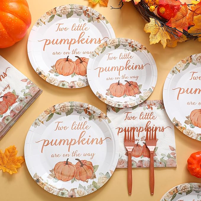 Zhehao 96 Pcs Twins Baby Shower Decoration Supplies Twins Cuties Baby Shower Tableware Set Eucalyptus Leaf Orange Strawberry Greenery Pumpkin Themed Plates Napkins Forks for 24 Guest (Pumpkin)
