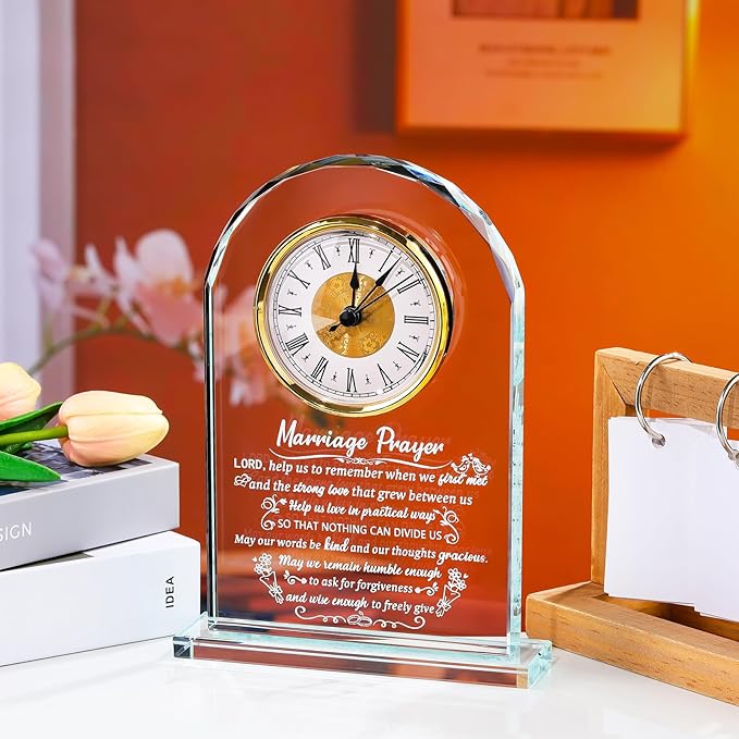 Glass Clock Wedding Gifts for Couples Newlywed 2025, Happy Anniversary Marriage Prayer Gift with Inspiring Quotes for Mr and Mrs, Engagement Presents Home Decoration