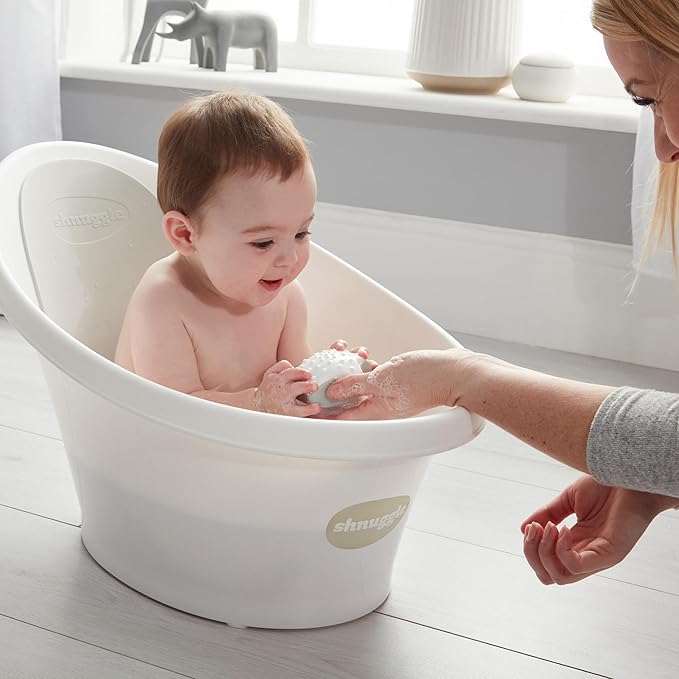 Newborn Baby Bath | Built in Support Bump and Soft Backrest | Suitable from Newborn | Bath Seat Support Includes Plug | White with Grey Backrest