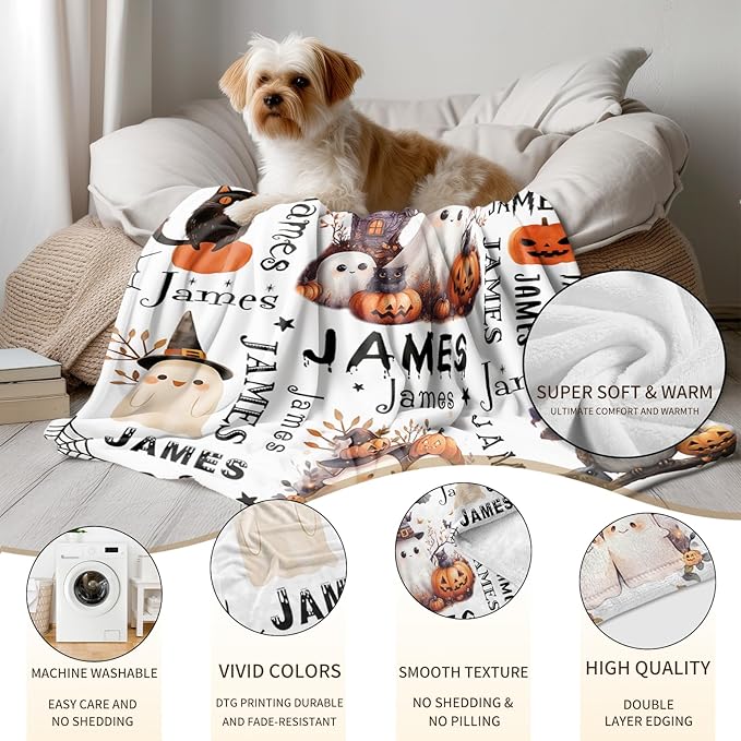 Ship Next Day, Custom Halloween Blanket - Printed in USA, Personalized Baby Blankets with Name, Gift for Kids Girls Boys, Unique Present for Birthday, Christmas, Halloween Bats Toddler Blanket