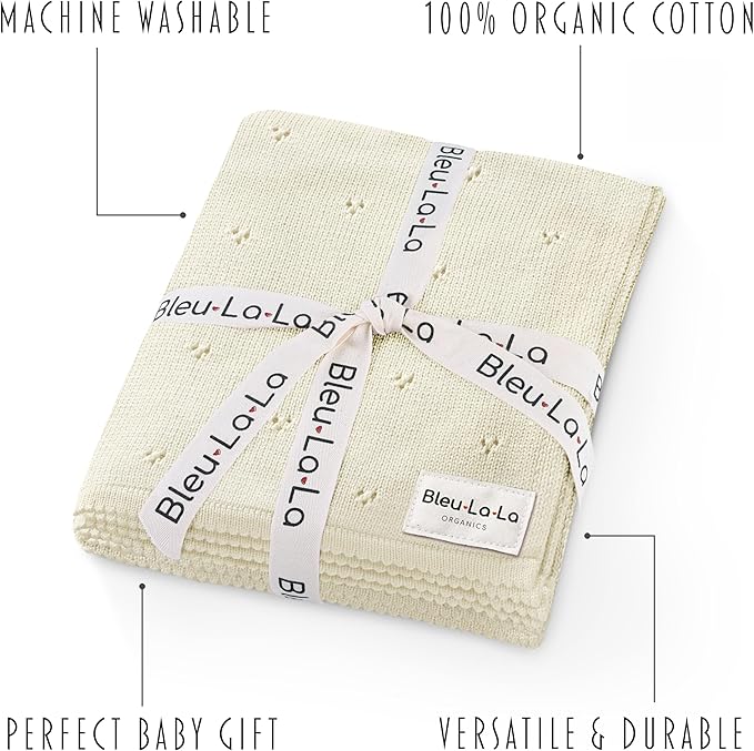 Organic Unisex Pointelle Receiving Swaddle Blanket for Boys & Girls - 100% Luxury Organic Soft Cotton Knit Warm Cuddle Stroller Blanket for Newborns, Infants, & Toddlers (Butter Cream)
