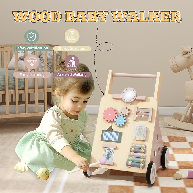 Wooden Baby Walker, Baby Push Walker Adjustable Height and Speed Multiple Learning Activity Walker Baby Walker with Wheels for Girls 6-12 Months, Pink