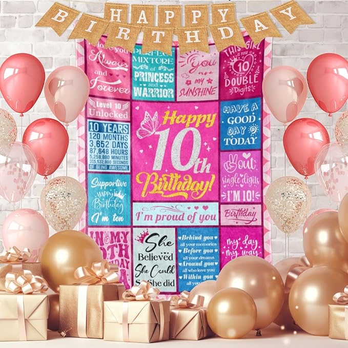 10 Year Old Girl Birthday Gifts, Gifts for 10 Year Old Girl, 10 Year Old Girl Gifts, Birthday Gift for 10 Year Old Girl, 10th Birthday Decorations for Girl, Double Digits Birthday Girl Blanket 50"X60"