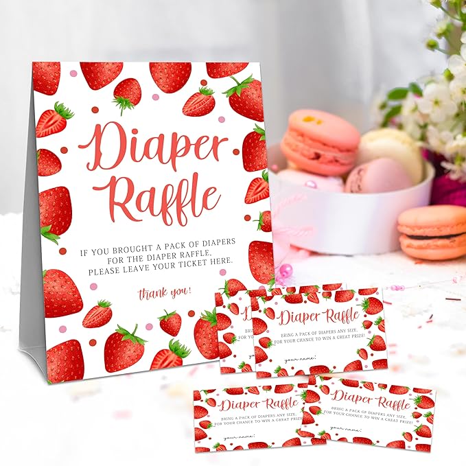 Strawberry Diaper Raffle Set For Baby Shower - 50 Raffle Tickets With 1 Standing Sign - Baby Announcement, Gender Reveal Baby Shower Party Decoration Game Set - A08
