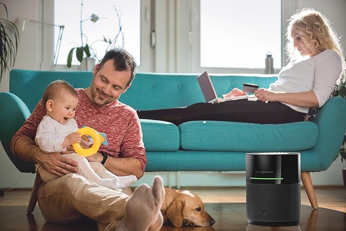 GermGuardian Airsafe+ Air Purifier for Home, for Wildfire Smoke, Pets, Pollen, Odor, Large Rooms Up To 1043 Sq. Ft. with HEPA Pure Air Filter, UV-C Light & Air Quality Sensor, 12", AC3000B, Black