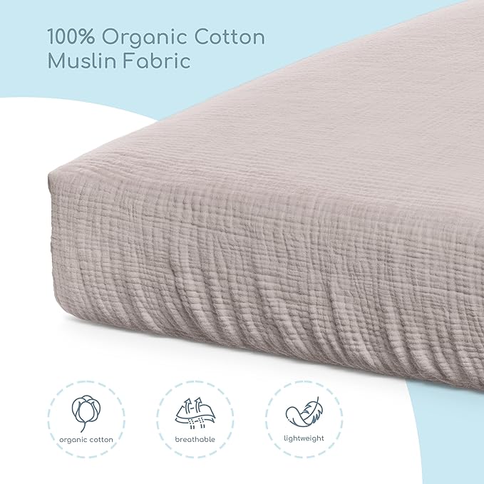 Muslin Crib Sheets, 100% Organic Cotton, Breathable and Ultra-Soft, Standard Crib Sheet Mattress (28"x 52") for Girls and Boys, Neutral Fitted Baby Crib Sheet (Elephant Gray)