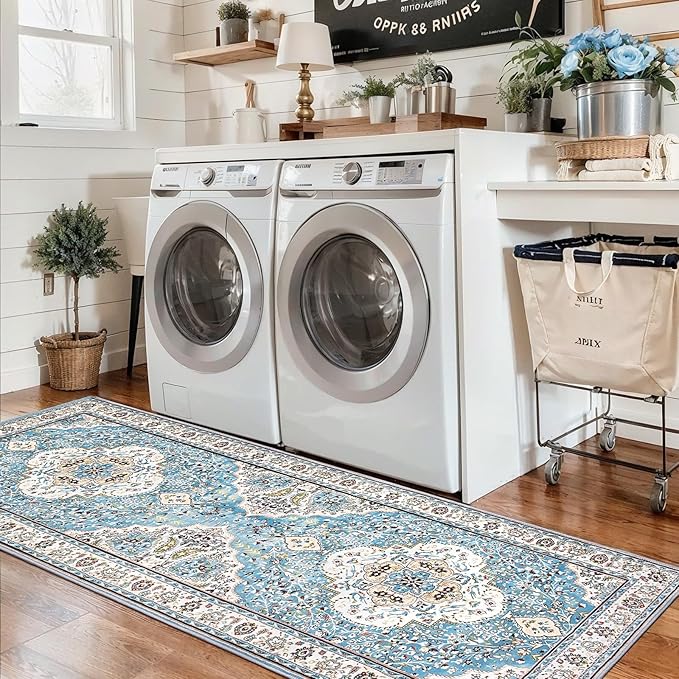 Ciicool Washable Runner Rug Non Slip, 2'x6' Blue Hallway Rug Vintage Kitchen Rugs Carpet for Bedroom Laundry Bathroom Decor