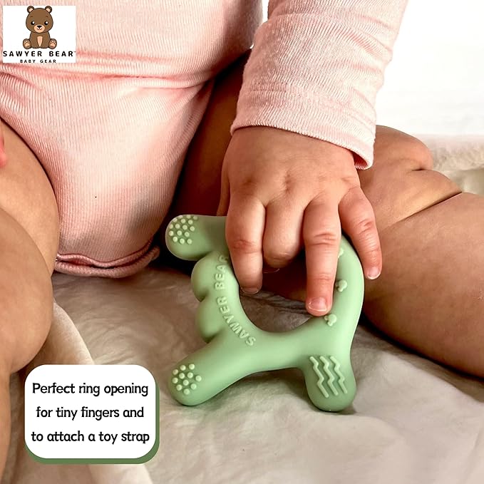 I Love You Silicone Hand Teether by Sawyer Bear Baby Gear, Teethers for Babies 3-6 Months, Soft Teething Toys 6-12 Months bpa Free, Massaging Teething Relief (Light Green)