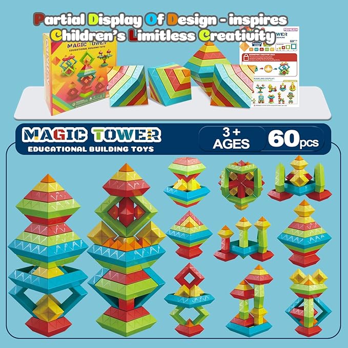 Montessori Toys for 1 2 3 4 Year Old, 60 PCS Stacking Toys Building Blocks for Toddlers 1-3 Sensory Toys for Age 2-4 Preschool Learning Activities Stem Educational Pyramid Gifts for Kids Boys Girls