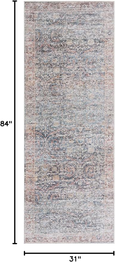 Bloom Rugs Caria Washable Non-Slip 7 ft Runner - Ocean Blue/Brick Traditional Runner for Entryway, Hallway, Bathroom, and Kitchen - Exact Size: 2'6" x 7'