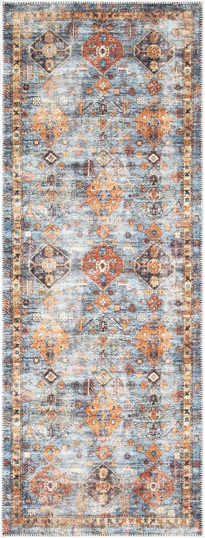Bloom Rugs Washable Non-Slip 12 ft Runner - Blue/Orange Traditional Bordered Runner for Entryway, Hallway, Bathroom, and Kitchen - Exact Size: 2.5' x 12'