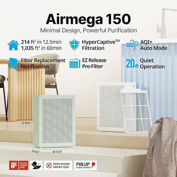 COWAY Air Purifiers for Home Bedroom up to 1,035ft² with Washable Filter, True HEPA Filter for Smoke, Pollen, Dander, Smell Air Purifier with Air Quality Monitor, Auto Mode, 3yr Warranty, 150, Green