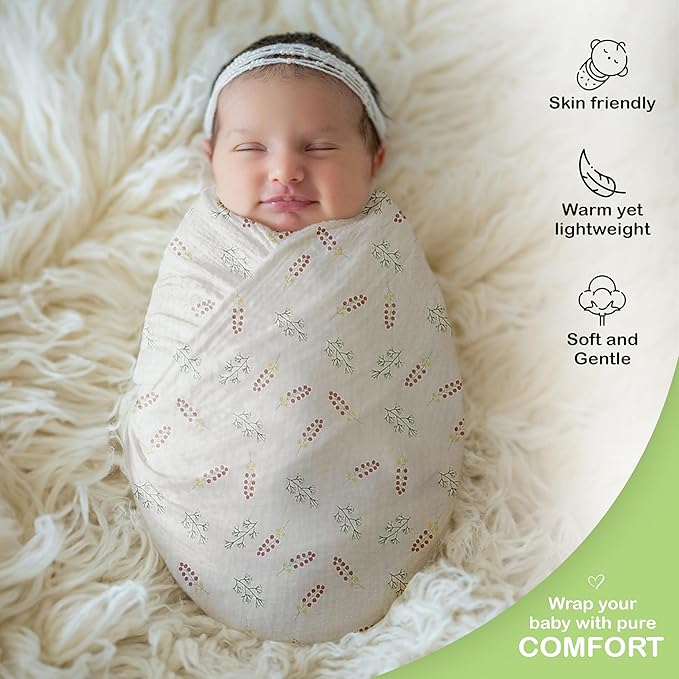 Organic Cotton Muslin Baby Blanket 3 Pack - 38x40 Inch Breathable Swaddle, Hypoallergenic Double-Layer, Versatile Use (Pink, Floral, Rust, 38x40 Inch)