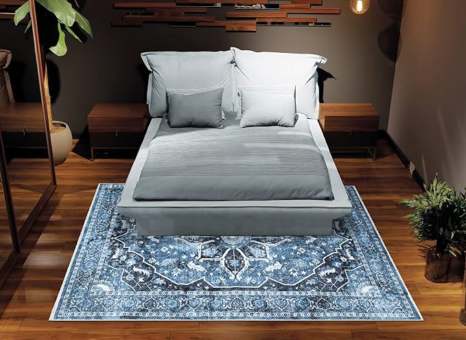 Bloom Rugs Caria Washable Non-Slip 8x10 Rug - Blue/Charcoal Traditional Area Rug for Living Room, Bedroom, Dining Room, and Kitchen - Exact Size: 7'8" x 10'