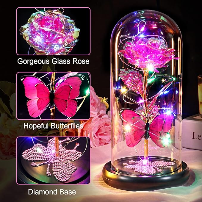 DEEMEI Birthday Gifts for Women Pink Rose Eternal Flower Light Up Rose in Glass Dome with Butterfly, Flowers for Delivery Prime Anniversary Grandma Mom Gift Wife Girlfriend