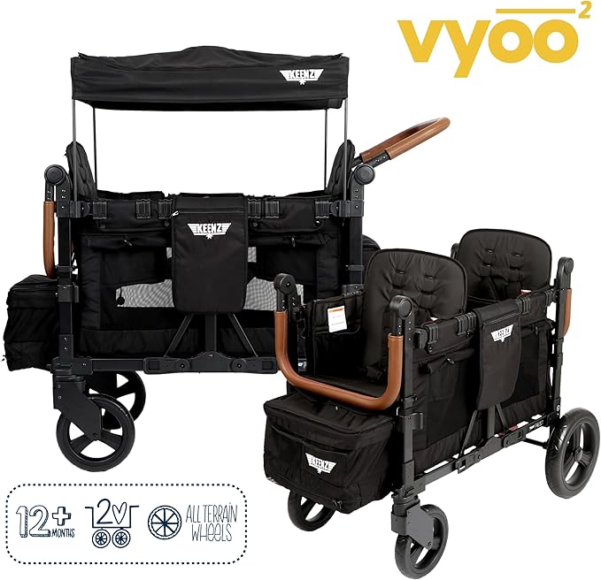 Keenz VYOO Stroller Wagon with Canopy - Foldable Design for Easy Storage, 5 Seating Positions for Kids, Enhanced Child Safety, All-Terrain Mobility, 2-Passengers, Black