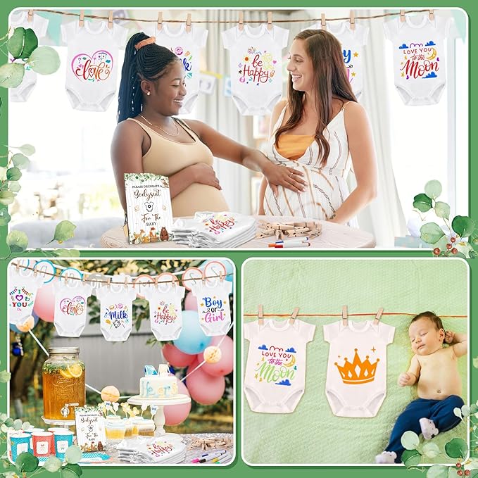 Panitay 126 Pcs Baby Shower DIY Bodysuit Set Rustic Kraft Baby Shower Game Sign DIY Bib 25 Blank White Newborn Bodysuit 25 Stencils 24 Marker 1 Sign 50 Pins for Gender Reveal(Woodland Animals)