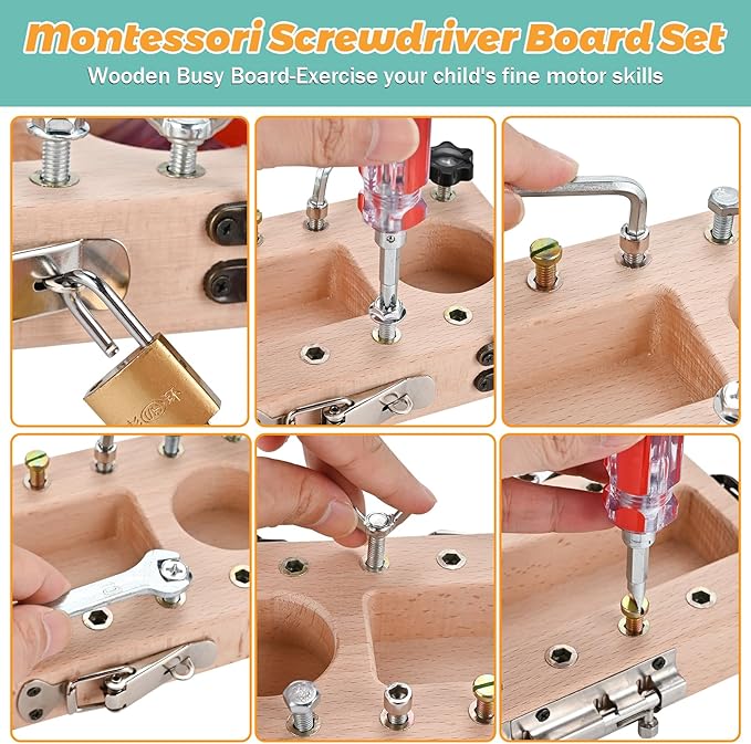 Montessori Toys for 3 4 5 Year Old with Lock and Key, Wooden Sensory Toddler Screwd Tool Set, Montessori Screwdriver Board Set, Fine Motor Skills Toys for Educational Preschool Gift for Boys